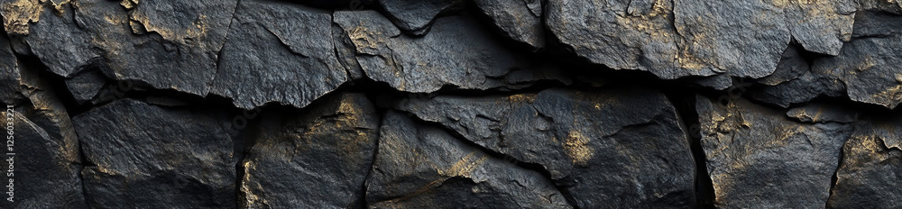 Volumetric cracked rock texture with intricate fissures. Dark black stone background with ample copy space for creative design. Wide banner format with detailed surface features. Volumetric cracked rock texture with intricate fissures. Dark black stone background with ample copy space for creative design. Wide banner format with detailed surface features.