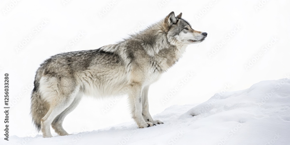 Obraz premium Gray Wolf in Winter Profile View, Snow Background, Wildlife Photography, Canis lupus Wildlife Photography, Winter Wolf