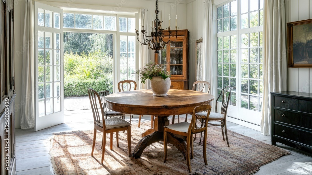 Timeless dining area with a round wooden table, antique chairs, and a vintage-style chandelier Timeless dining area with a round wooden table, antique chairs, and a vintage-style chandelier