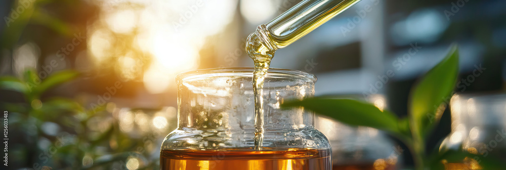 Amber Liquid being poured into Glass Jar with Blurred Foliage Background Amber Liquid being poured into Glass Jar with Blurred Foliage Background