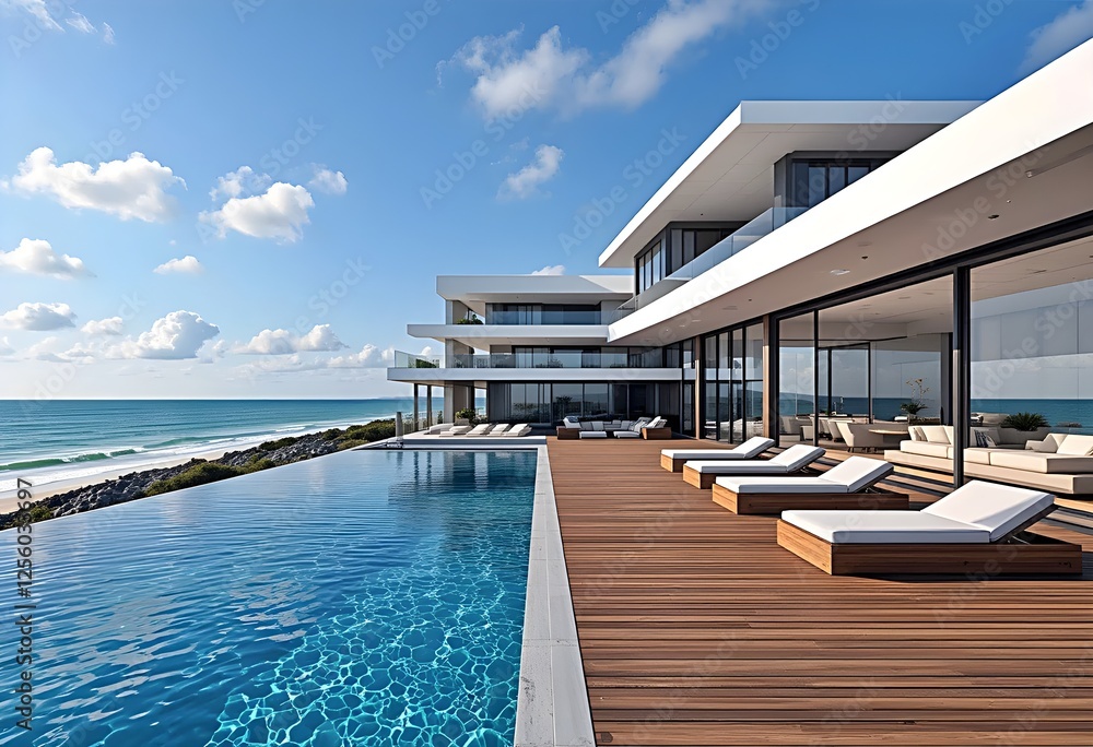 Fototapeta premium Modern beachfront home with infinity pool and wooden deck - 02