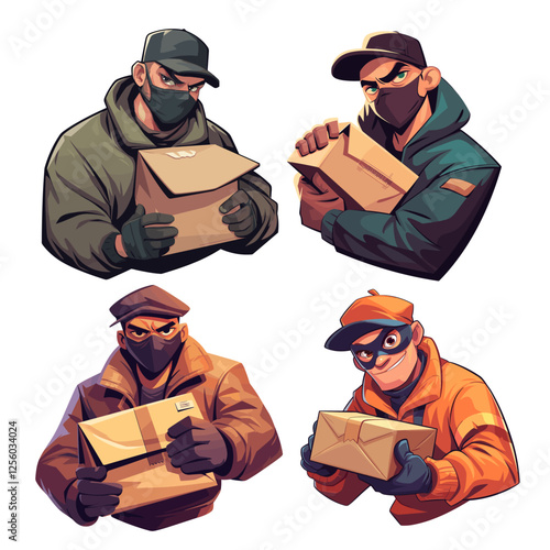 Parcel thief. Cartoon man criminal with cardboard box in mask, postal theft burglar set vector illustration