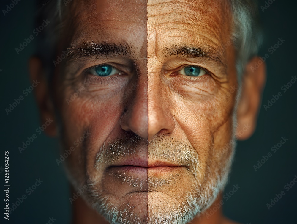 portrait of matured person with happy and sad emotions in same face portrait of matured person with happy and sad emotions in same face