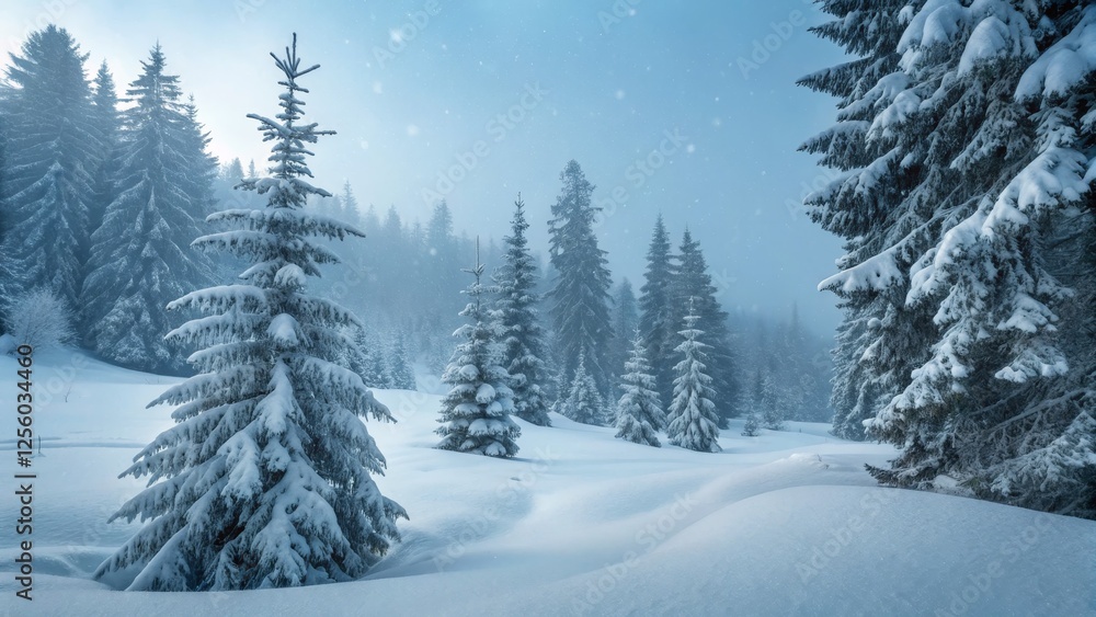 Snowy Forest Landscape Winter Wonderland, Pine Trees, Snowfall Winter scene, snowy landscape Snowy Forest Landscape Winter Wonderland, Pine Trees, Snowfall Winter scene, snowy landscape