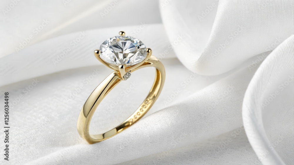 Solitaire Diamond Ring on White Silk Close-up Photography, Gold Band, Elegant Jewelry, Diamond Engagement Ring jewelry photography, product photography Solitaire Diamond Ring on White Silk Close-up Photography, Gold Band, Elegant Jewelry, Diamond Engagement Ring jewelry photography, product photography