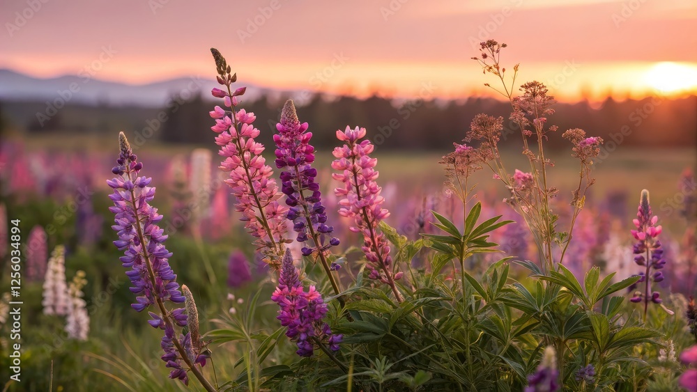 Fototapeta premium Sunset Lupine Field Close-up Composition, Vibrant Pink and Purple Flowers, Golden Hour Landscape Photography, Nature, Floral Lupine, Sunset