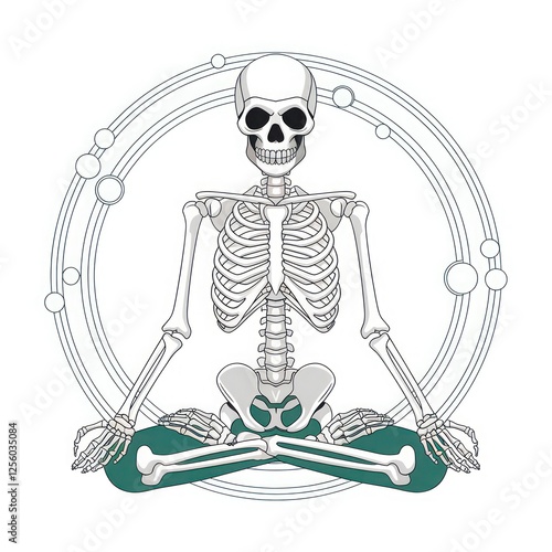 A whimsical illustration of a skeleton meditating within a circular design, blending themes of life, spirituality, and anatomy. photo