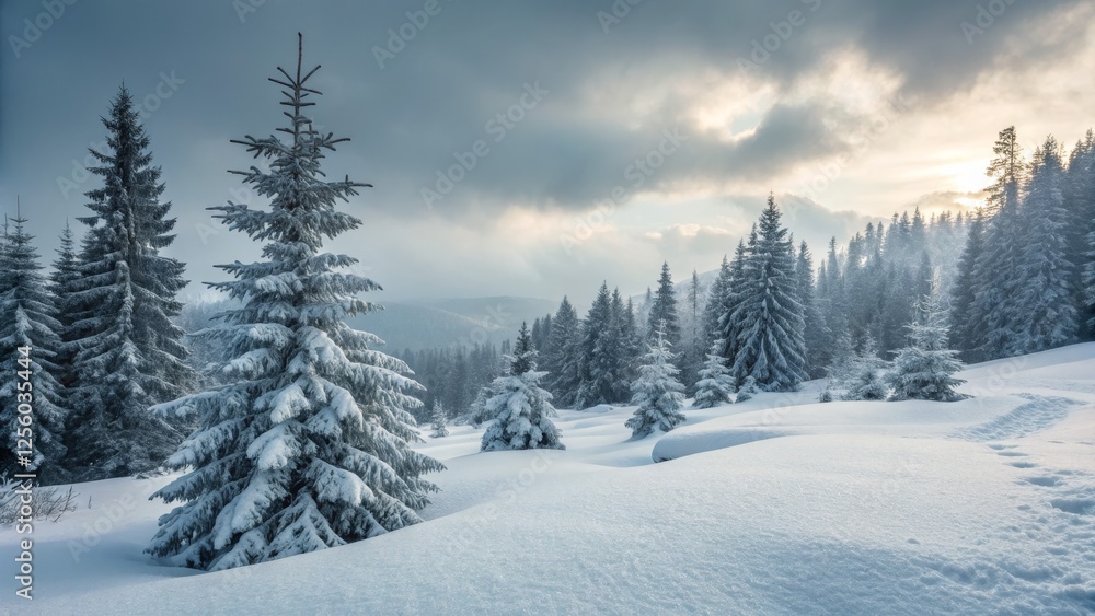 Fototapeta premium Winter Sunrise in Snowy Forest Landscape Photography, Snow Covered Trees, Serene Nature, Winter Wonderland Winter landscape, snow photography
