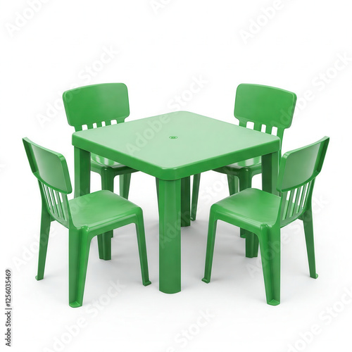 Green Plastic furniture, chair, table, stool on the white background