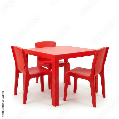 Red Plastic furniture, chair, table, stool on the white background