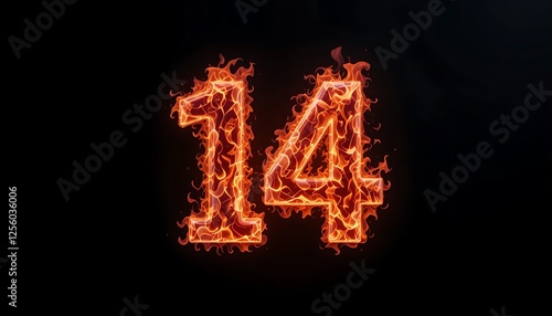 Fiery Number Fourteen: A High-Resolution Image of the Number 14 Engulfed in Realistic Flames on a Black Background