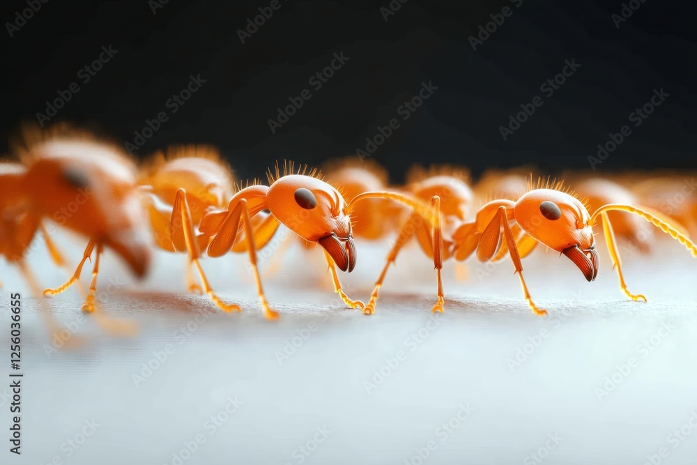 Fototapeta premium Fire ants marching in a row on white surface