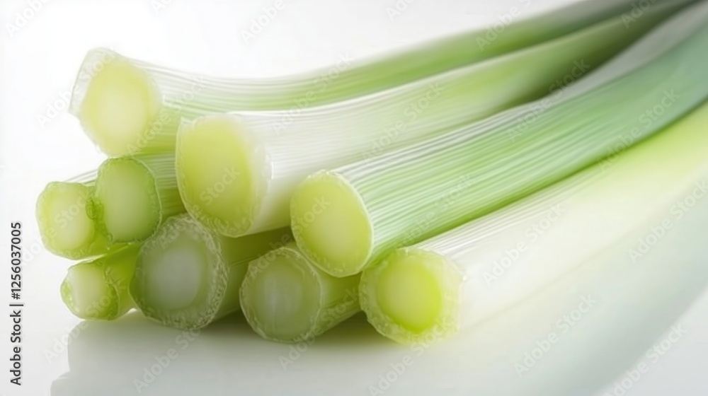 Freshly cut leeks displaying vibrant green and white layers Freshly cut leeks displaying vibrant green and white layers
