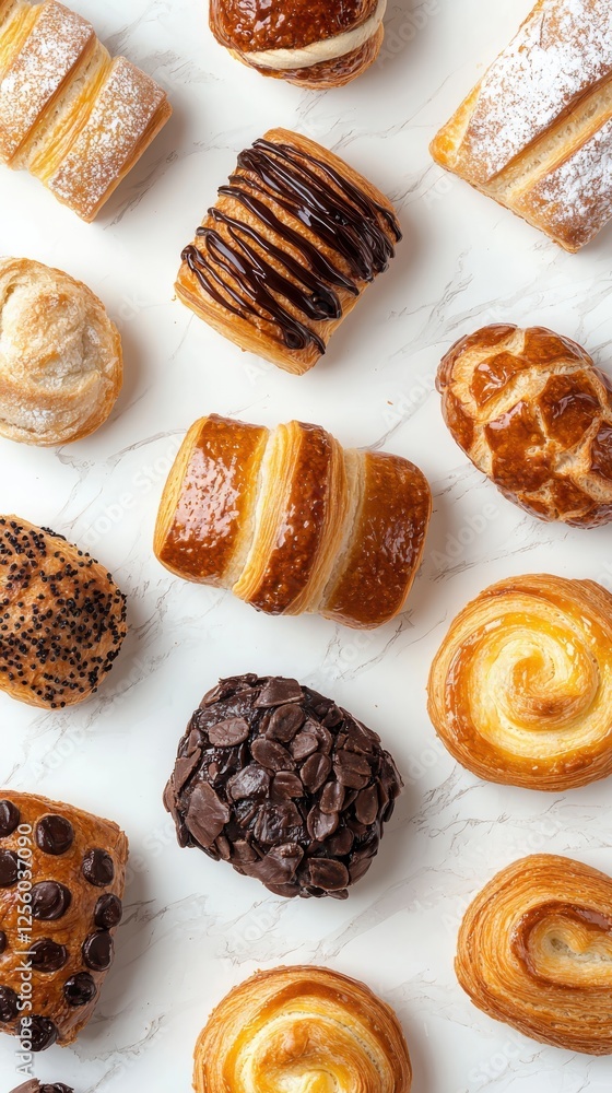 Delicious fine pastries displayed on a marble counter in natural light top-down view highlighting intricate details Delicious fine pastries displayed on a marble counter in natural light top-down view highlighting intricate details