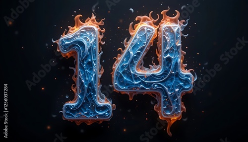 Fiery Blue and Orange Number 14 with Intricate Design, Abstract 3D Render, Burning Ice Concept, Fantasy Number Art