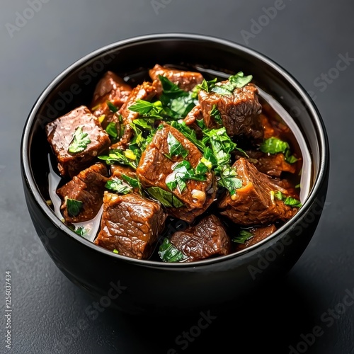 Savory rich beef stock in dark ceramic bowl with fresh herbs overhead light three-quarters angle warm culinary delight photo