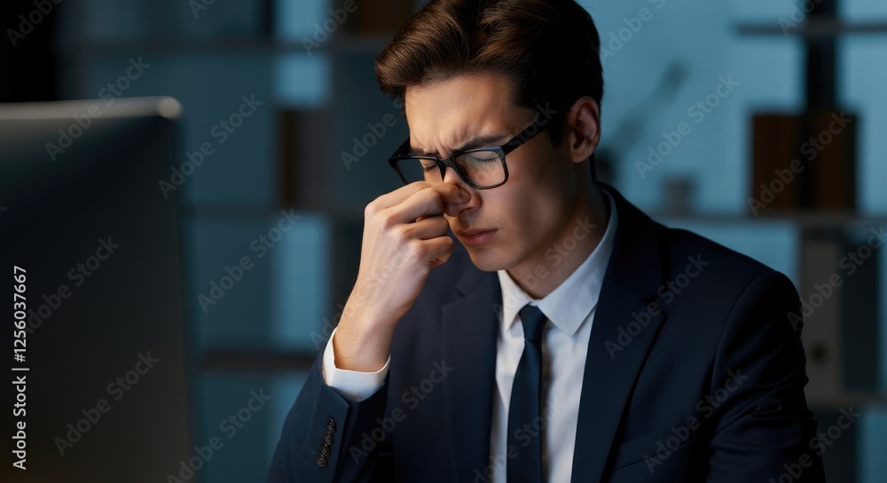 Stressed man in business attire rubbing temples at desk Stressed man in business attire rubbing temples at desk