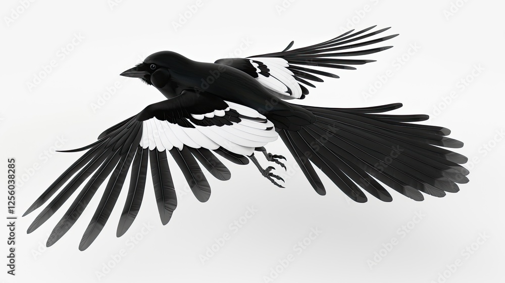 Obraz premium The magpie is flying in the air, its wings spread out and black with white edges