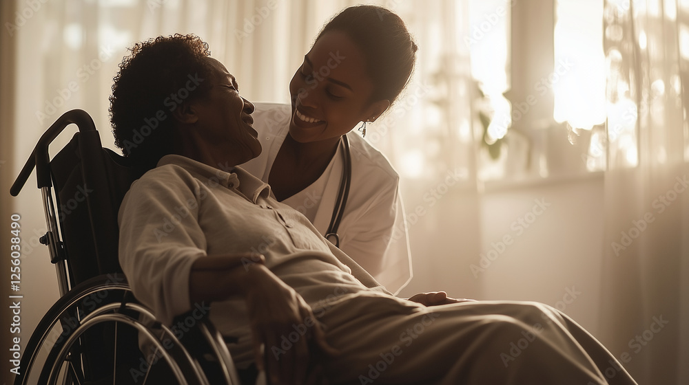 Nurse comforting disabled person, rehab progress, peaceful clinic setting, soft cool tones. Nurse comforting disabled person, rehab progress, peaceful clinic setting, soft cool tones.