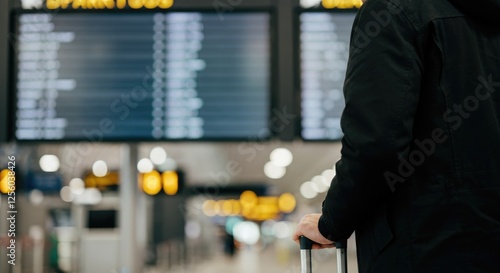 Person at airport looking flight information display screen