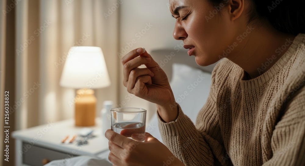 Woman holding pill and glass of water, looking distressed Woman holding pill and glass of water, looking distressed