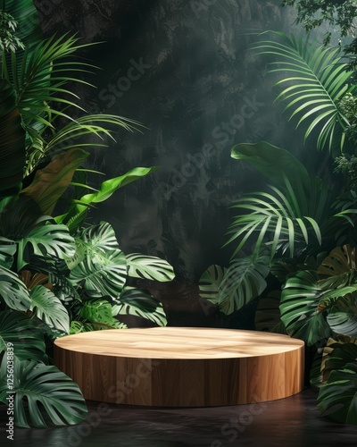 Round wooden pedestal podium surrounded by lush tropical plants, set against a dark textured background with soft lighting. Perfect for product display or branding
