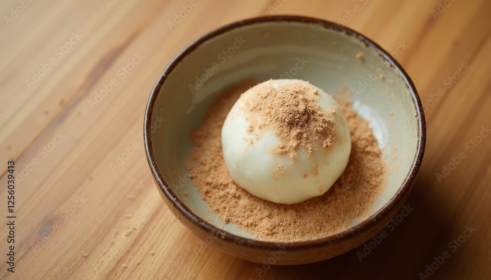 Japanese mochi dessert with kinako powder elegantly served on wooden surface Japanese mochi dessert with kinako powder elegantly served on wooden surface