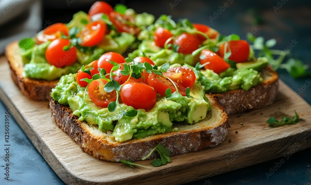 Two slices of toasted bread topped with avocado, cherry tomatoes, and microgreens, on wooden board Two slices of toasted bread topped with avocado, cherry tomatoes, and microgreens, on wooden board