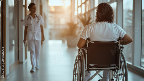 Nurse guiding wheelchair user through recovery, healthcare setting, light cold colors.