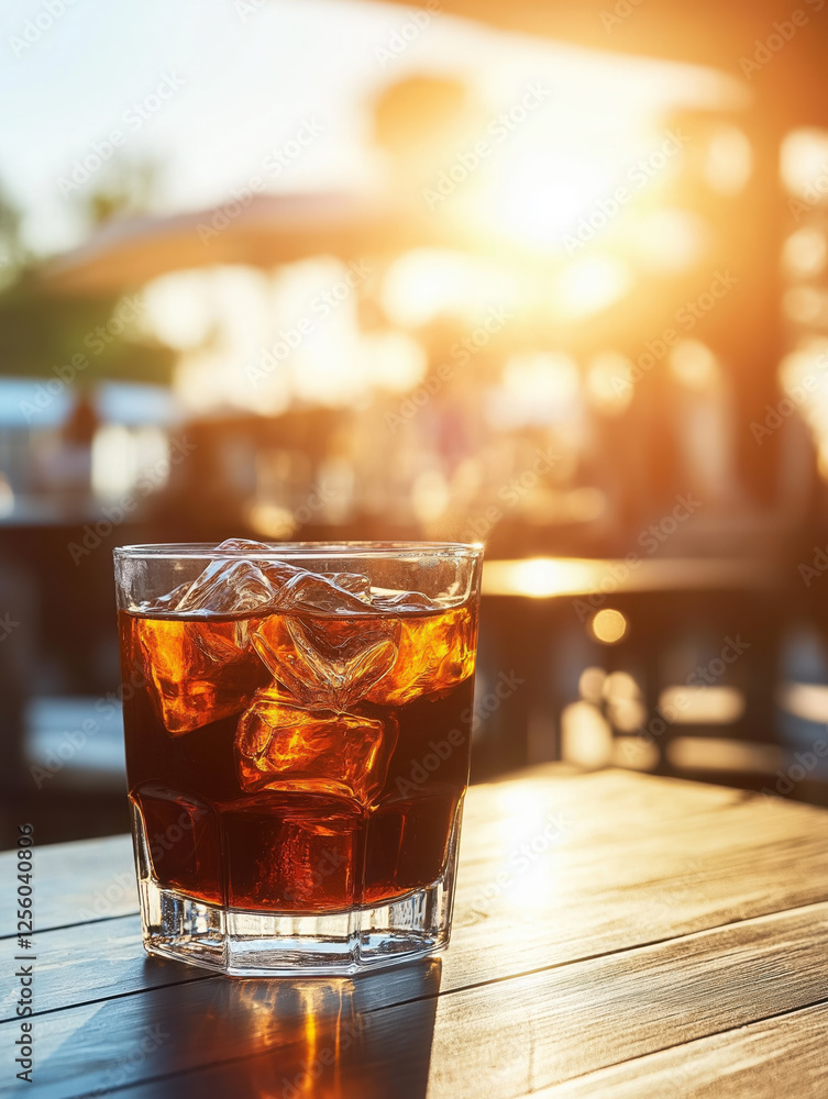 Glass of iced tea resting on wooden table at sunset in outdoor cafe Glass of iced tea resting on wooden table at sunset in outdoor cafe