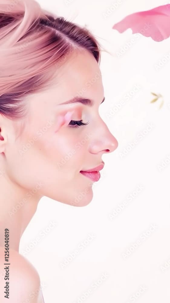 Profile of a woman with soft pink flowers and pastel tones in an ethereal composition. Vertical shot of beauty and elegance concept Profile of a woman with soft pink flowers and pastel tones in an ethereal composition. Vertical shot of beauty and elegance concept