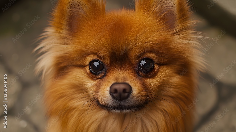 Small long-haired pomeranian dog sitting comfortably in a cozy home environment on a soft blanket Small long-haired pomeranian dog sitting comfortably in a cozy home environment on a soft blanket