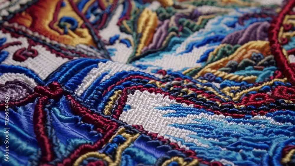 Intricate Textile Artwork with Blue, Red, and Gold Embroidered Threads Intricate Textile Artwork with Blue, Red, and Gold Embroidered Threads