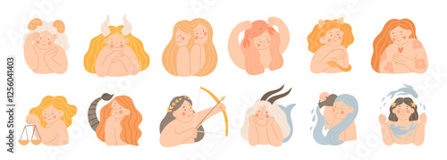 Zodiac signs. Cartoon vector illustrations in flat style. Beautiful women. Astrology symbols.