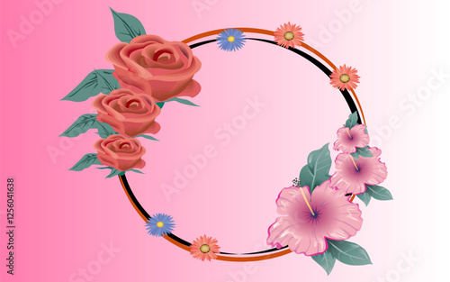 Circle Frame with Flowers with Vector Design. Circle Frame with Red and Purple Flowers. Premium Quality Vector Design.