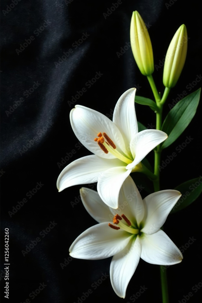 Fototapeta premium Elegant white lily flowers on dark black velvet fabric background, peaceful, floral