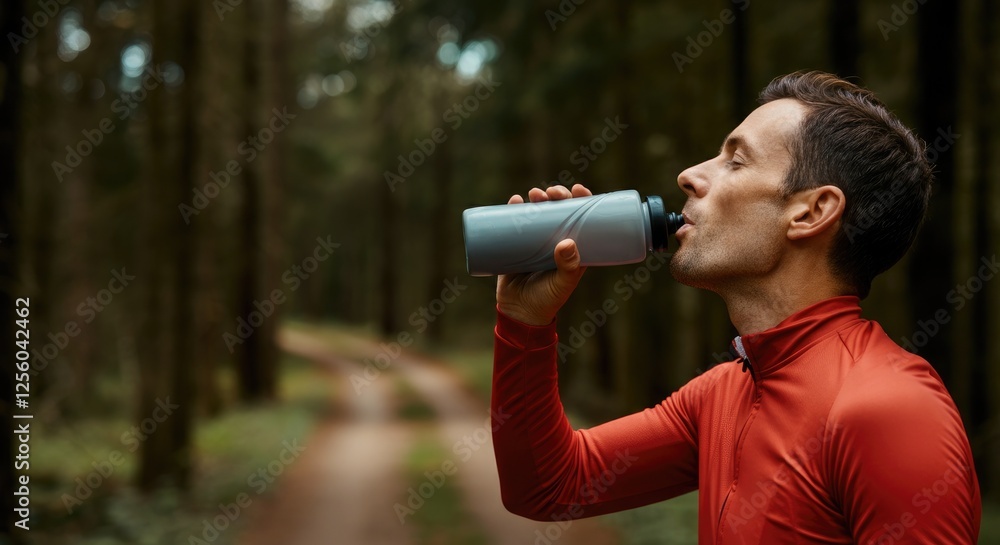 Man in red jacket drinking water from bottle forest Man in red jacket drinking water from bottle forest