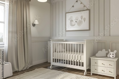 Cozy baby room interior, wooden crib, poster on wall, and plush toy, creating a serene nursery atmosphere