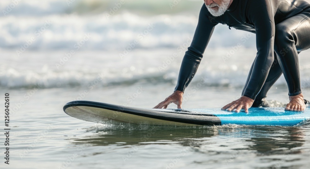 Naklejka premium Elderly man surfing in wetsuit at beach