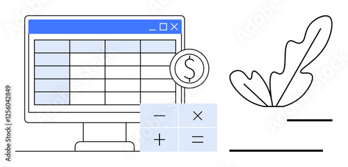 Computer screen displaying a spreadsheet, dollar sign in a circle symbol, arithmetic calculator, leaf design. Ideal for finance, accounting, budgeting, data analysis, office work nature digital