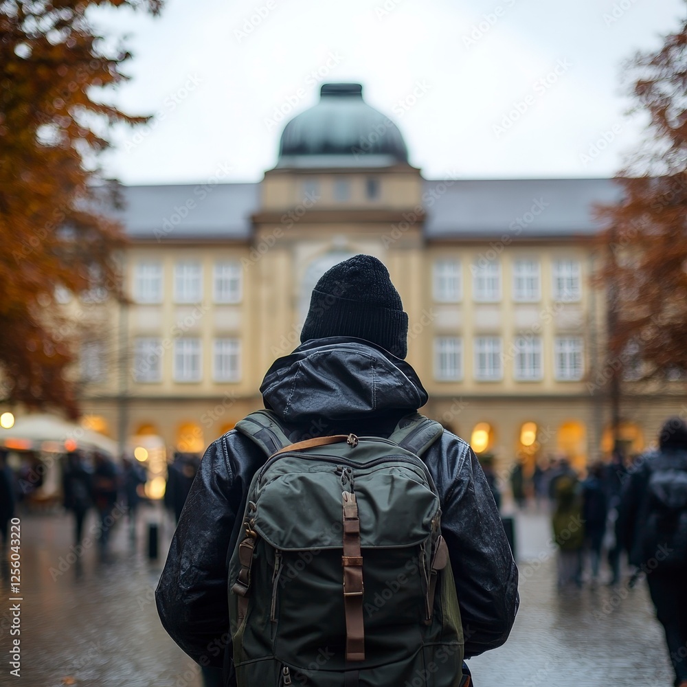 Young Man with Backpack Walking Towards Historic Building in Autumn Young Man with Backpack Walking Towards Historic Building in Autumn