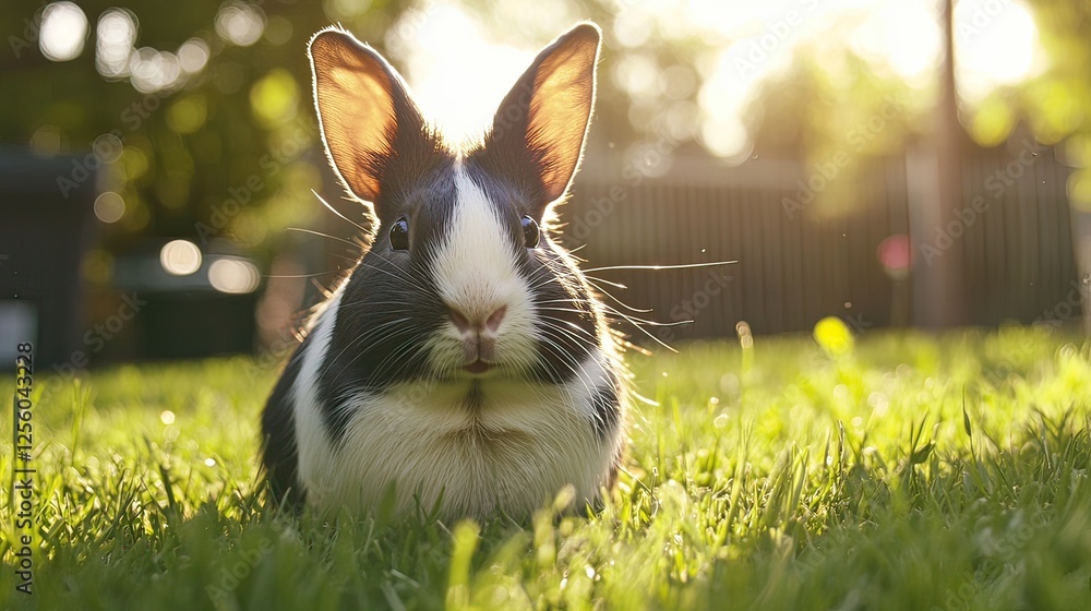 Fototapeta premium Black-white bunny sits in sunny garden, backyard bokeh