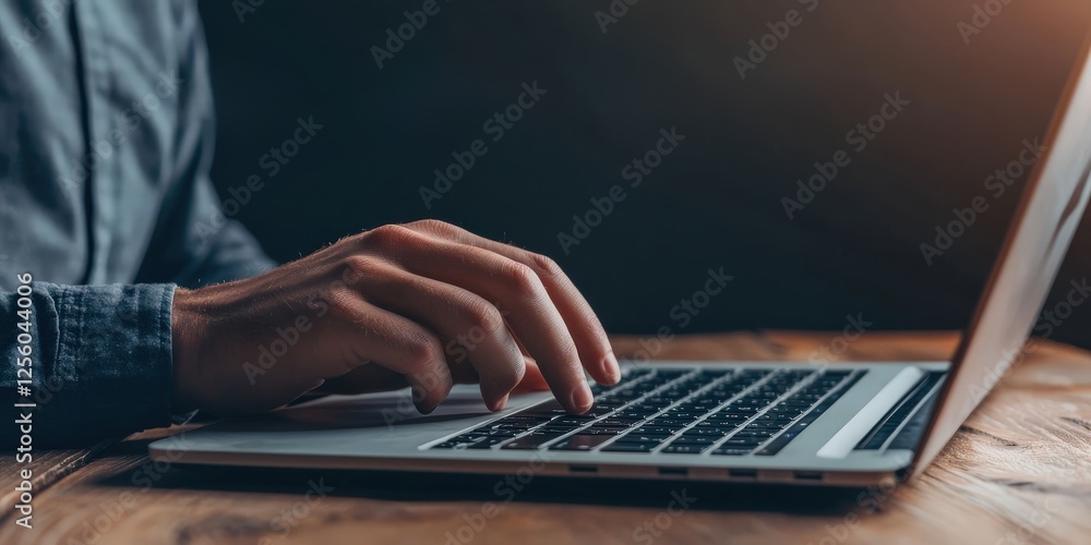Fototapeta premium financial success freedom mindset concept. Person typing on a laptop with a warm, soft light background.
