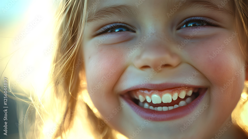 Smiling Blond Girl Enjoying Sunny Meadow Landscape in Warm Sunset Light  Joyful carefree and beautiful child s portrait in natural outdoor environment