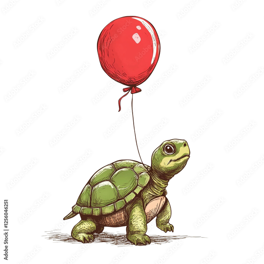 Obraz premium A tiny turtle takes flight with a red balloon joyful adventure awaits