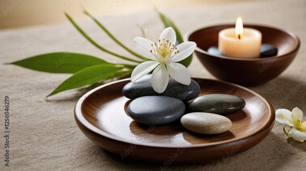 Bowl filled with assorted rocks and a lit candle placed on a wooden table surface Bowl filled with assorted rocks and a lit candle placed on a wooden table surface