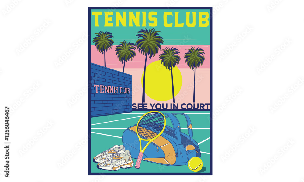 Fototapeta premium Miami Tennis court graphic design. Florida tennis club artwork for t shirt, posters, background and others. Tennis champions team. Athletic bag and shoe design.