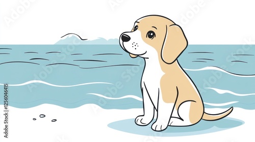 Cute Beagle Puppy Sitting by Ocean photo