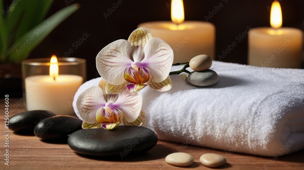 Towel candle and flower arrangement on a wooden table in a cozy indoor setting Towel candle and flower arrangement on a wooden table in a cozy indoor setting