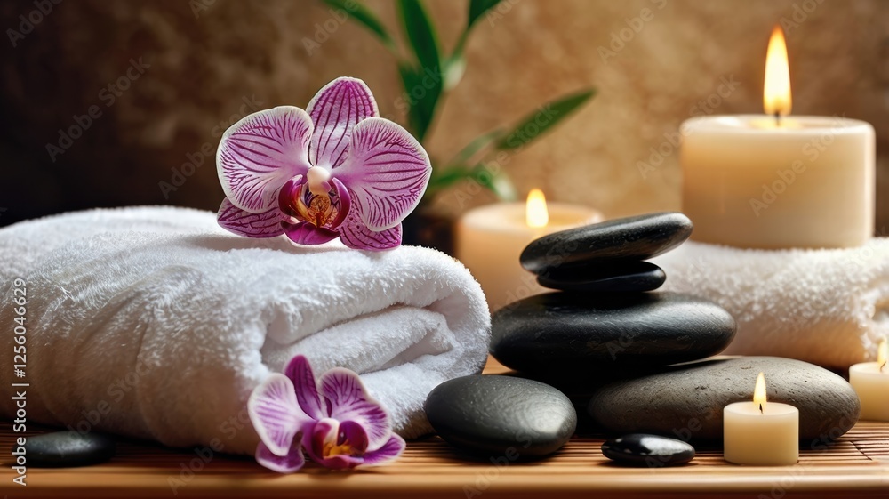 Towel candle and stones arranged on a wooden table for relaxation and spa setting Towel candle and stones arranged on a wooden table for relaxation and spa setting